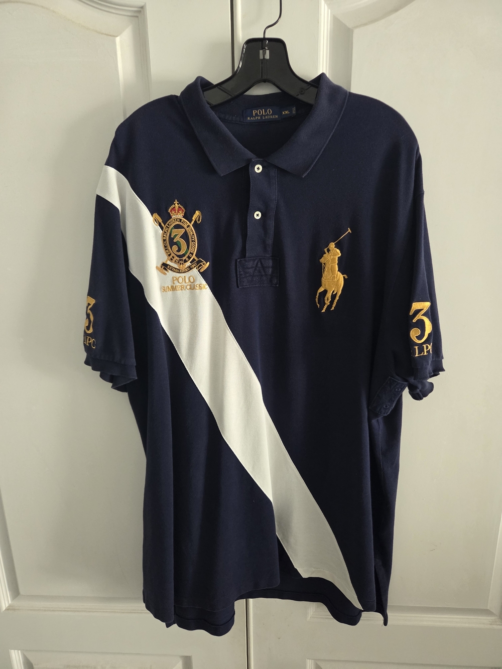 Polo Ralph Lauren Navy Polo with White Diagonal Stripe & Gold Crest